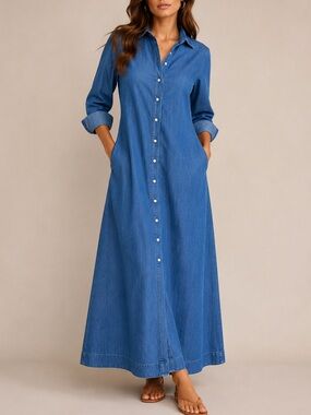 Perlavera Giorgia Denim Maxi Dress Size M Blue Button-Down Long-Sleeve Stretch
